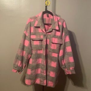 1. Plaid Flannel Shacket Pink Grey XL